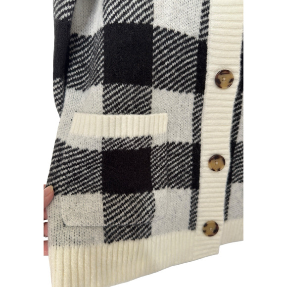 Loft XS Checkered Plaid Boyfriend Button Cardigan Oversized Black White Pockets - Picture 4 of 5